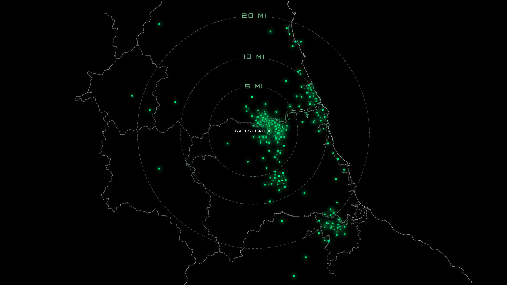 Stylised editorial map of North East England showing concentric 5, 10 and 20 mile distance rings emanating from central Gateshead, with respondent locations as glowing green dots clustered most densely along NE postcodes and secondary clusters in DH and TS.