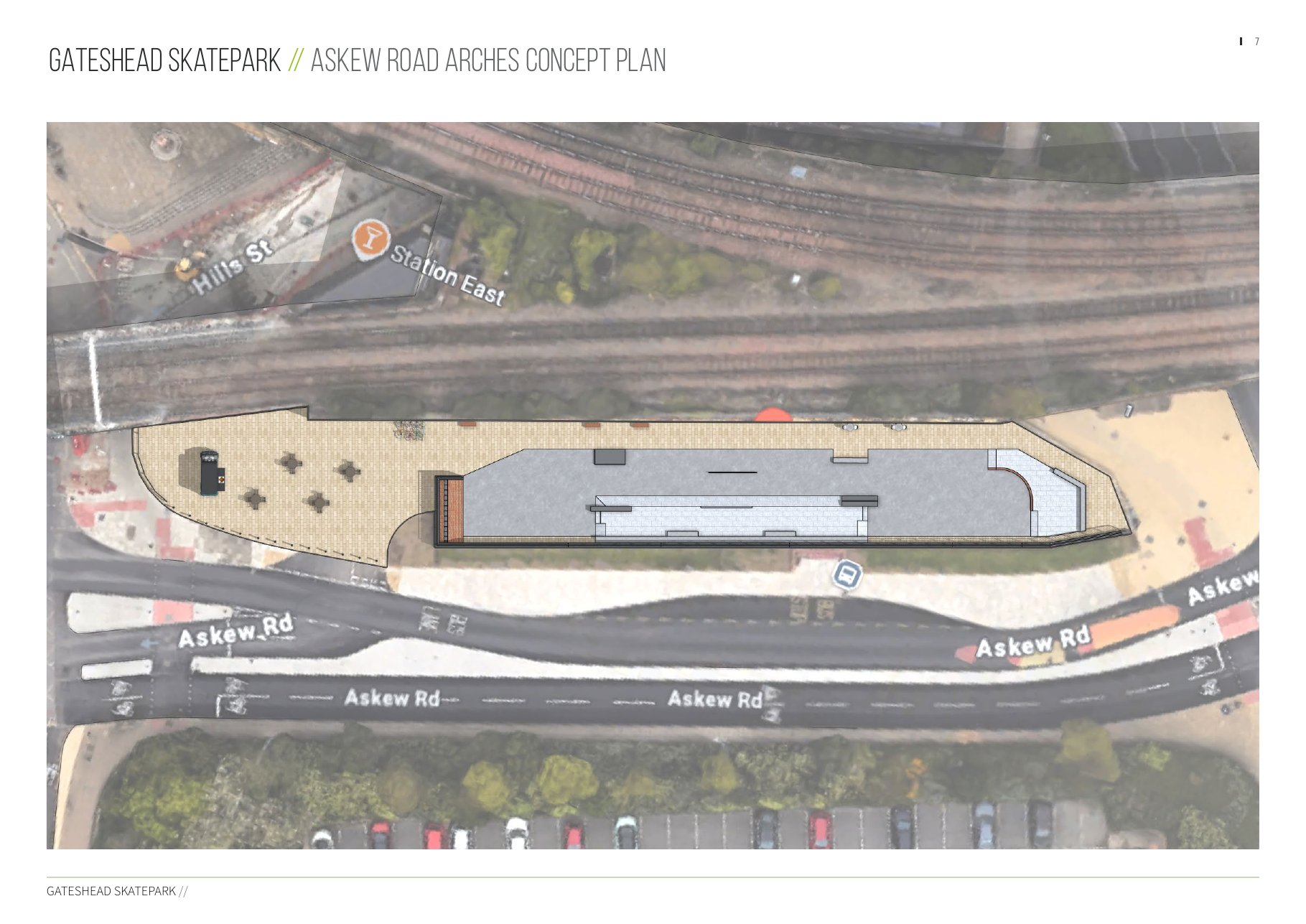 Plan view of the Askew Road concept design: the 842 square metre rectangular plot is oriented along the line of the railway arches, with the covered skating surface running along it and a FIVE BRIDGES memorial plinth at the western entrance facing Askew Road.