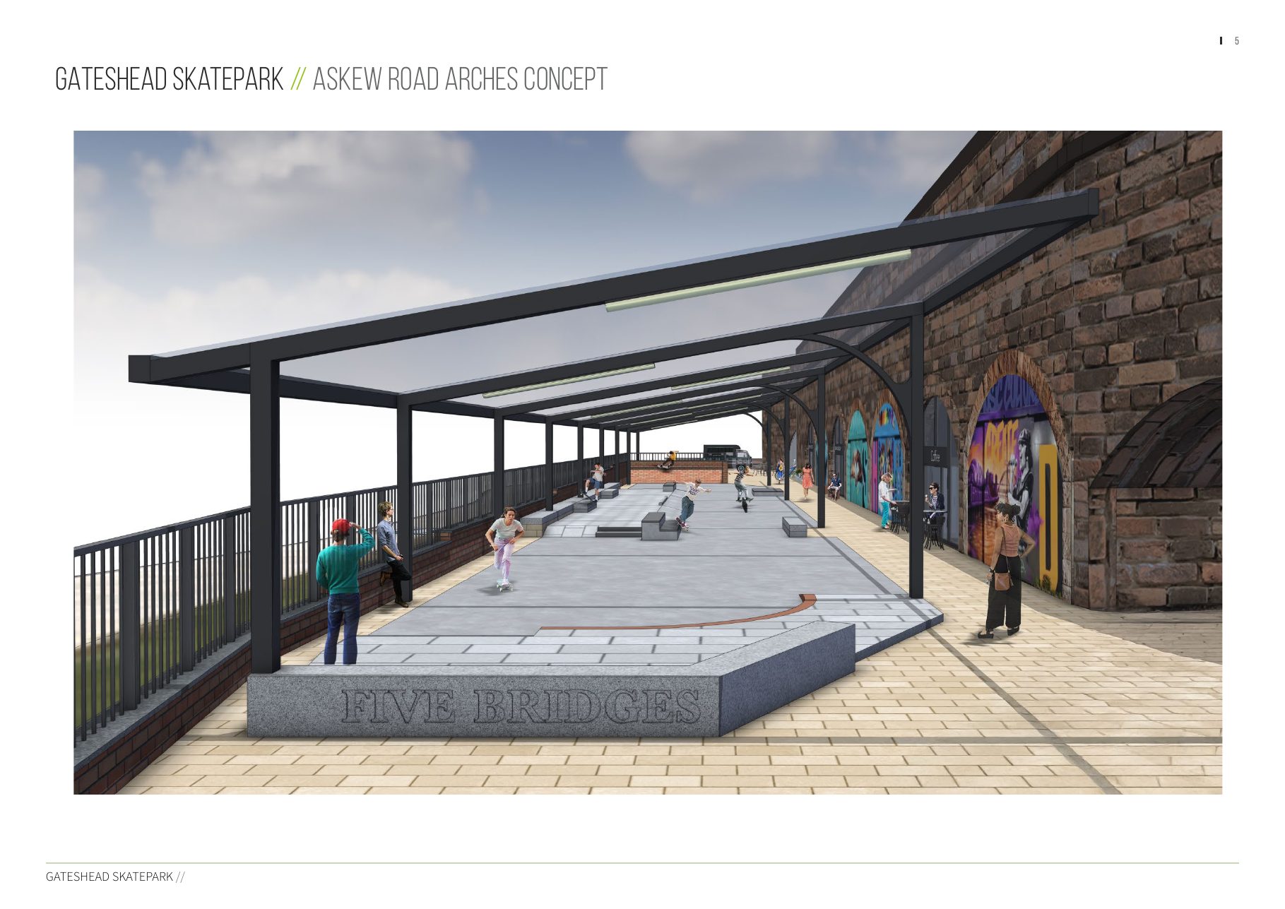 Betongpark concept render of the Askew Road skatepark: perspective view from the entrance looking down the length of the covered plaza, with the stone FIVE BRIDGES memorial plinth in the foreground, skaters using street features under a steel canopy, and the seven railway arches running along the right-hand side with cafe seating in front of them.