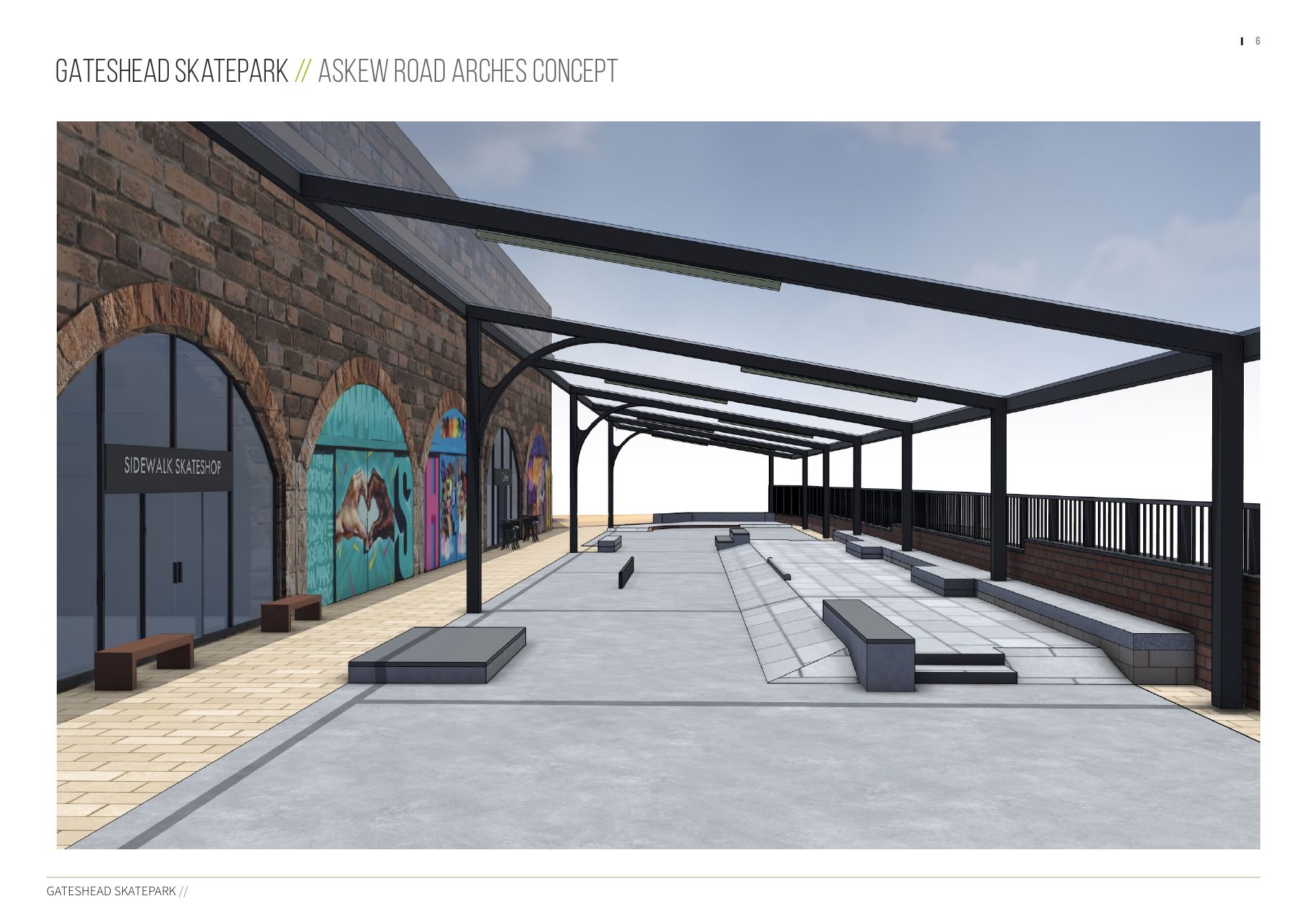 Perspective render of the Askew Road concept along the arches, with the steel canopy structure overhead, ledges and manual pads laid out in the centre as street features, and a SIDEWALK SKATESHOP signposted at the arch frontage to the left.
