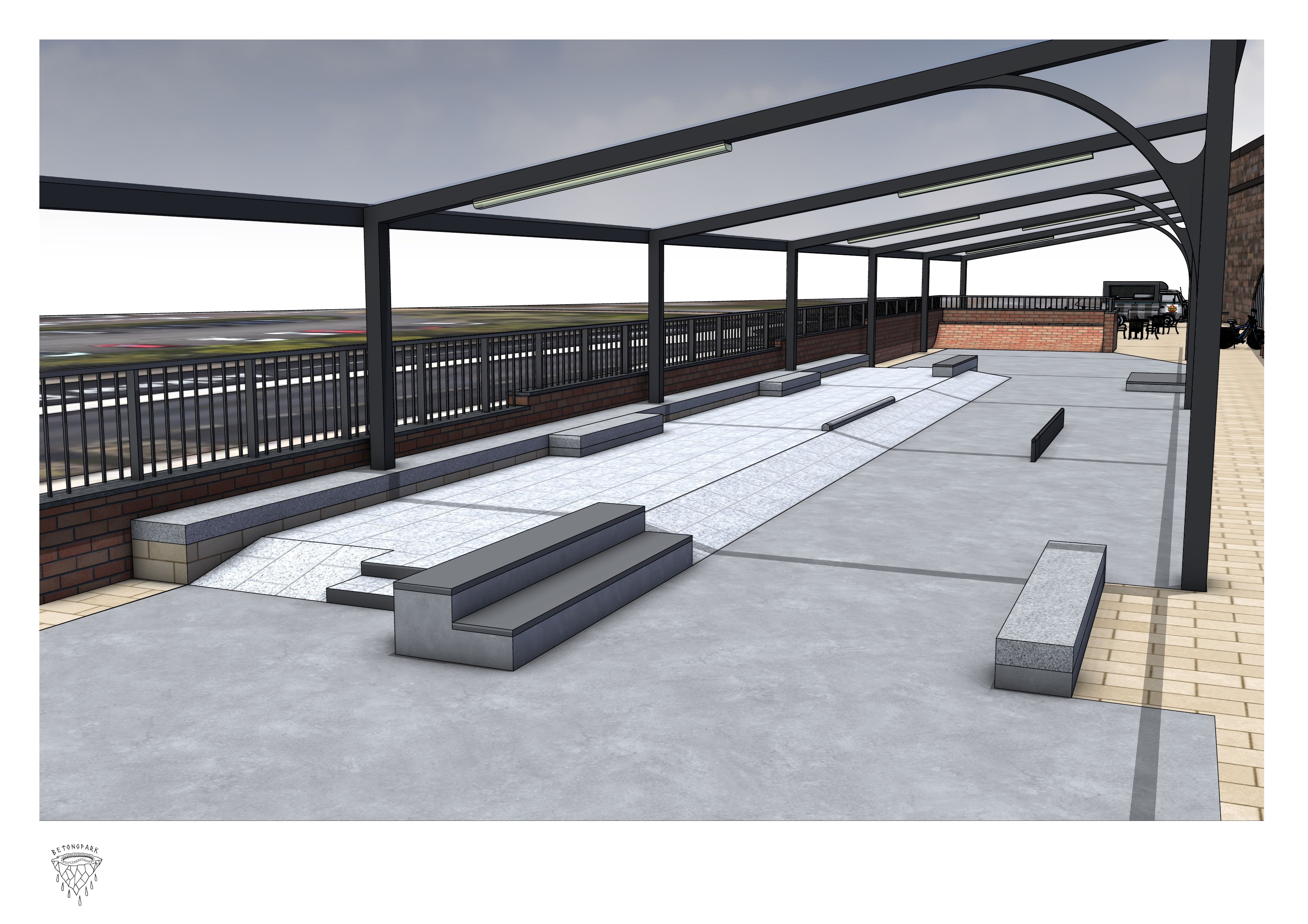 Eye-level render looking down the length of the covered Askew Road skatepark, with granite-topped ledges, manual pads and a low bank laid out on a pale skating surface beneath a curved steel canopy; brick seating walls and edge railings overlook the railway to the left.