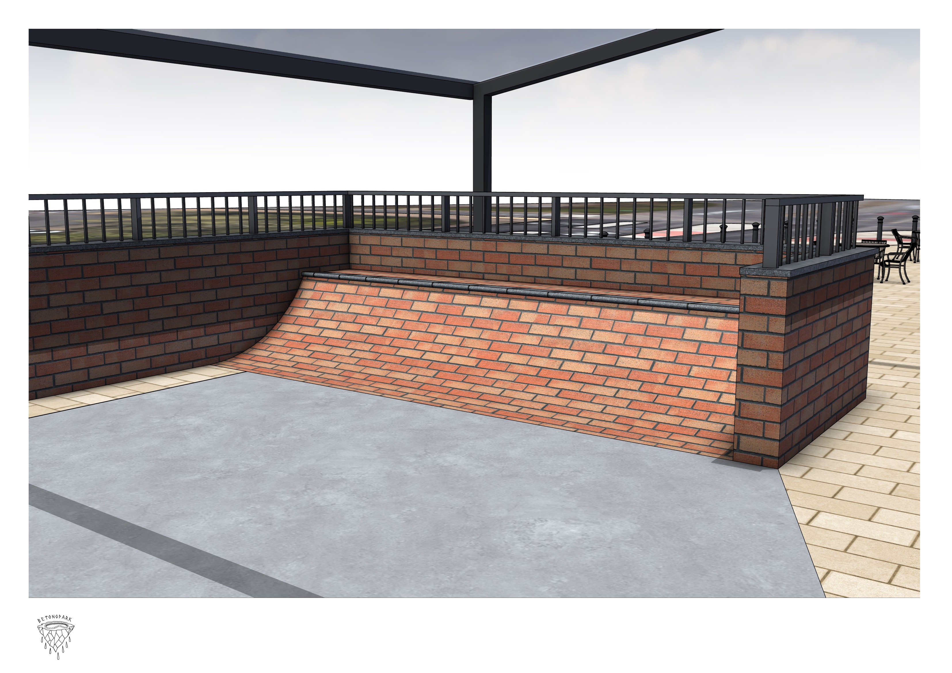 Close-up render of a brick-faced bank with a coping edge running along the railway side of the Askew Road skatepark, with railings and the canopy structure above.
