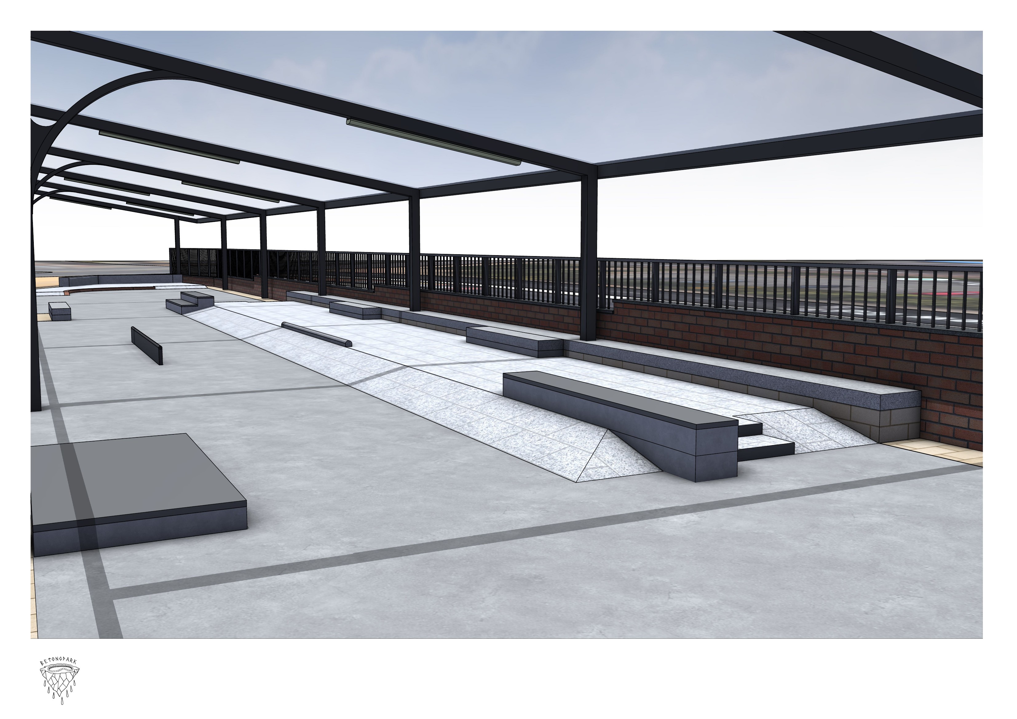 Render along the run of street features at Askew Road: a line of ledges, manual pads and grind rails set out down the centre of the covered skating surface under the canopy.