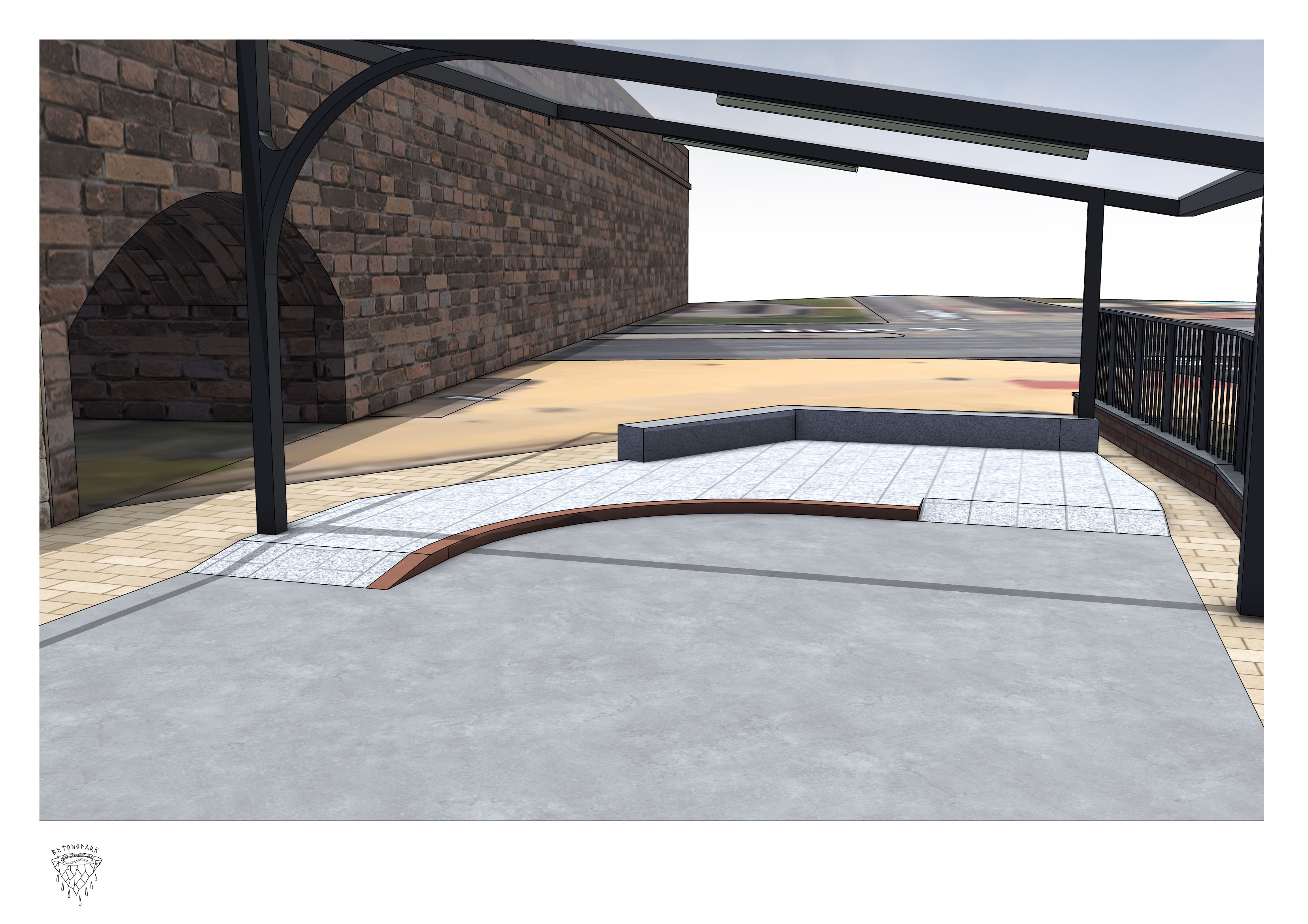 Render showing the Askew Road skatepark alongside the existing masonry railway arch in the brick retaining wall, with a curved bank feature on the open plot and the canopy overhead.