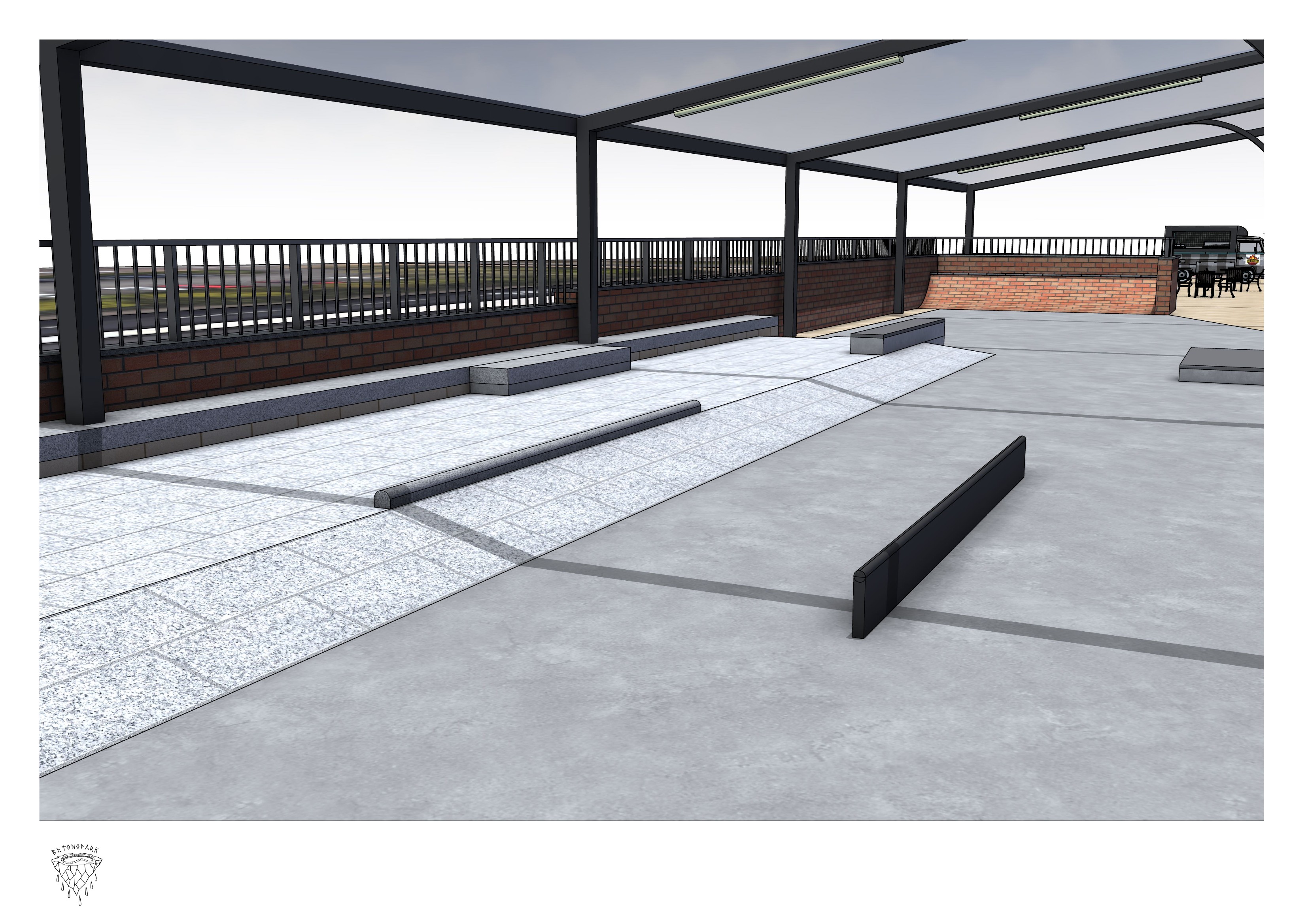 Render of the flatground area of the Askew Road skatepark with a long flat-rail and granite-topped ledges on a banded paving surface beneath the canopy.