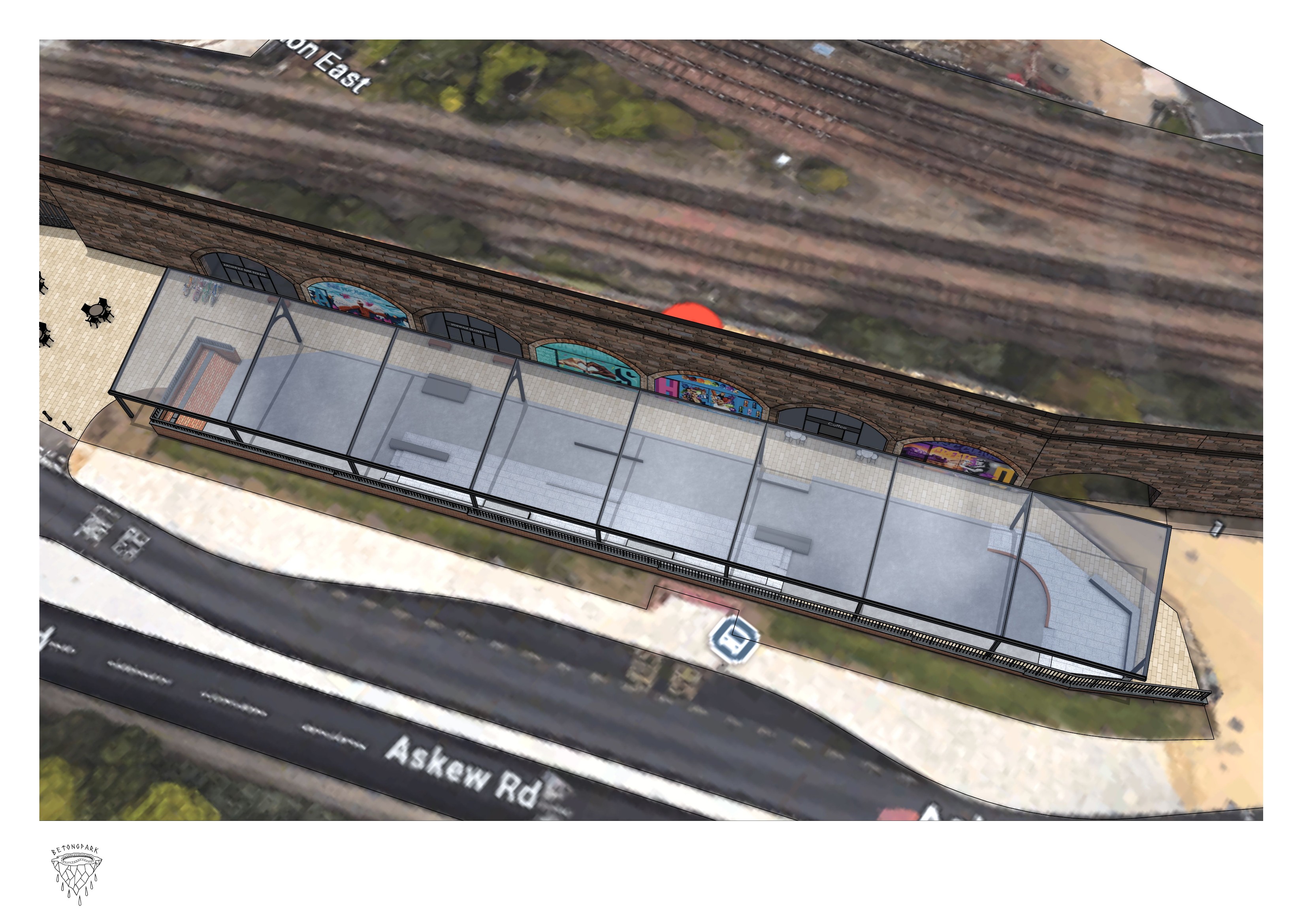 Aerial massing render of the covered Askew Road skatepark shown as a translucent roofed enclosure, sitting between Askew Road and the multi-track railway line with trains visible.