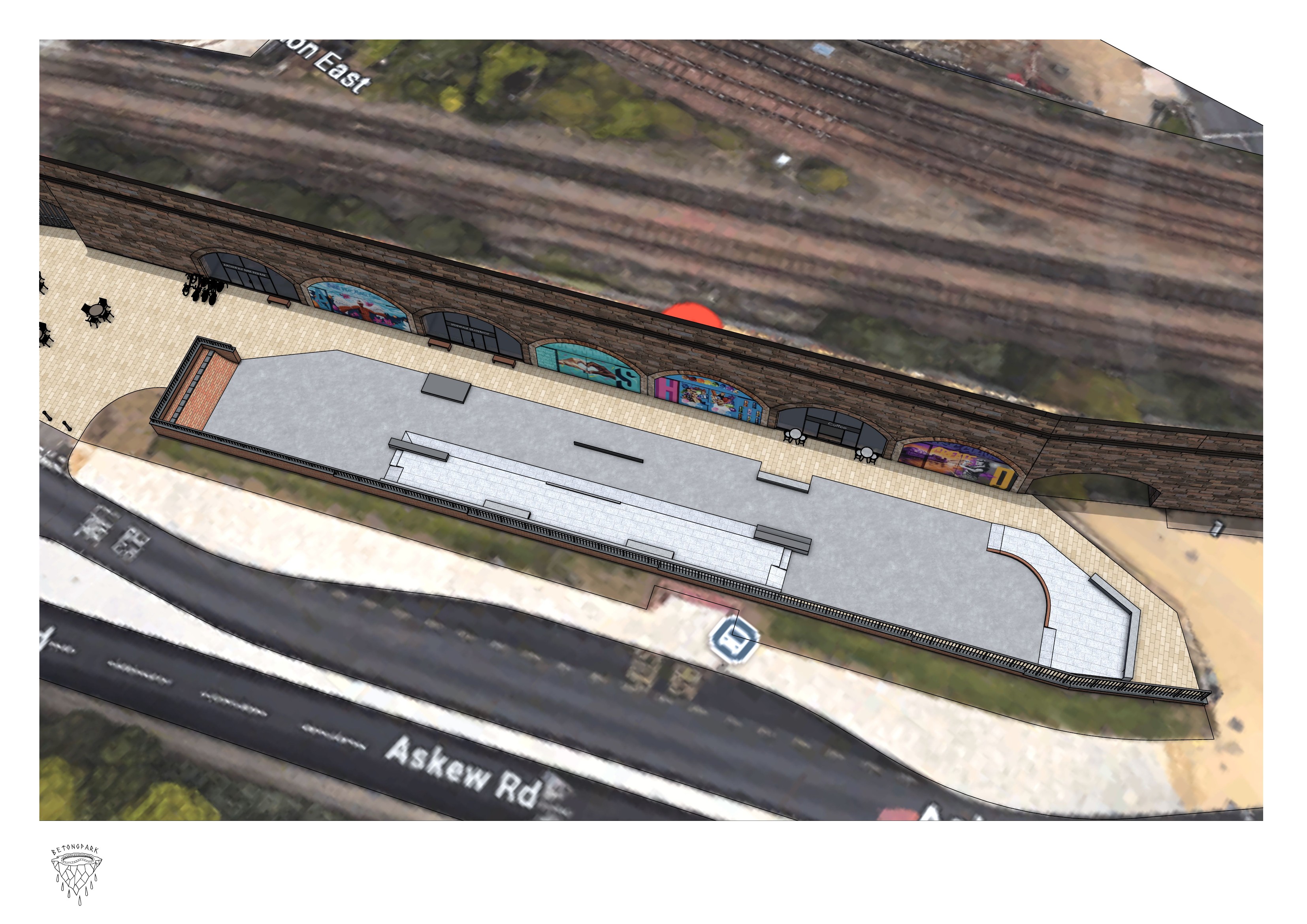Aerial render of the Askew Road skatepark showing the internal layout within the covered footprint: an elongated plaza with a central spine of ledges and a rounded bank at one end.