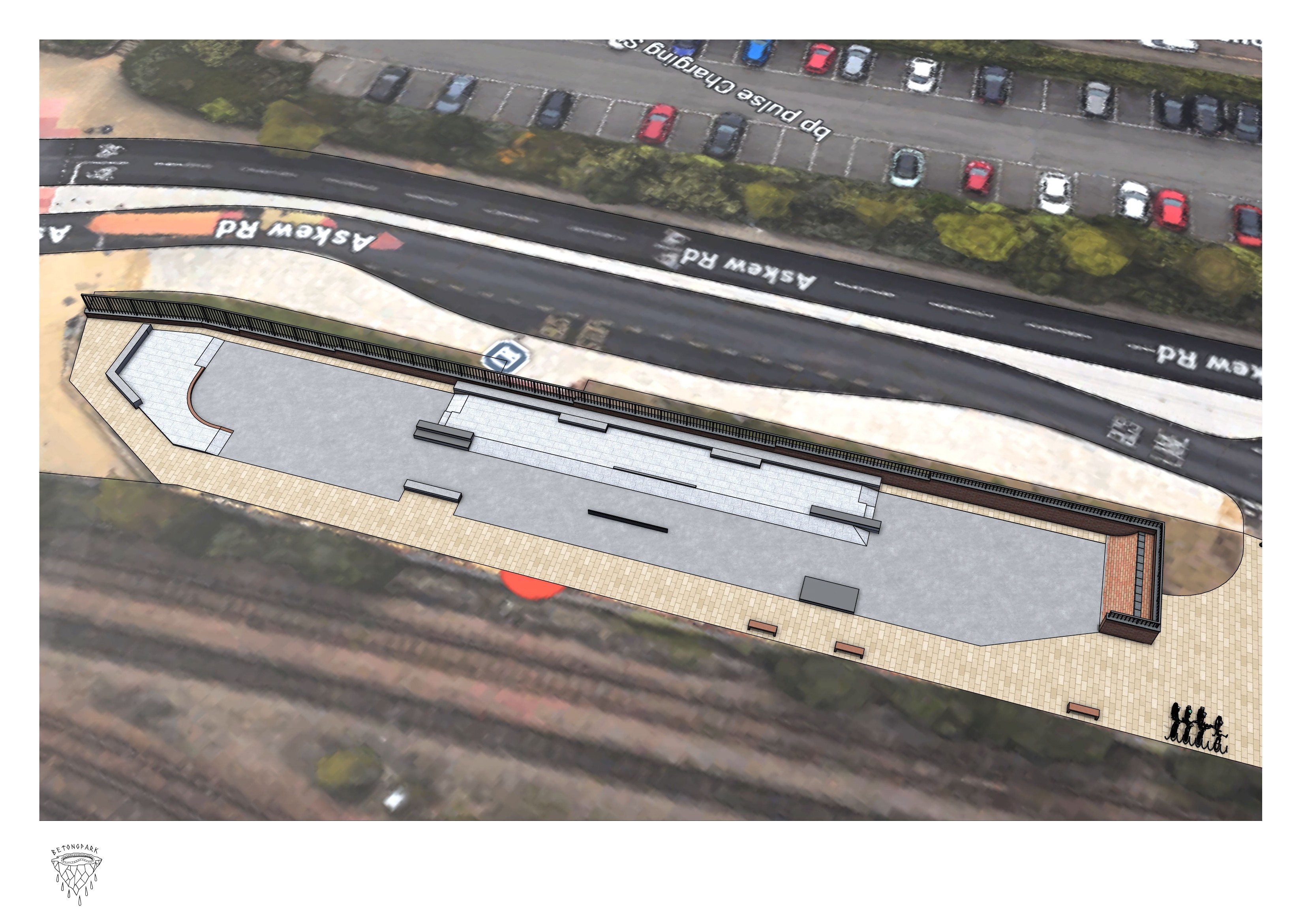 Top-down aerial render of the full tapered Askew Road plot seen from the Askew Road and car-park side, showing the perimeter, central ledge spine and banks at each end.